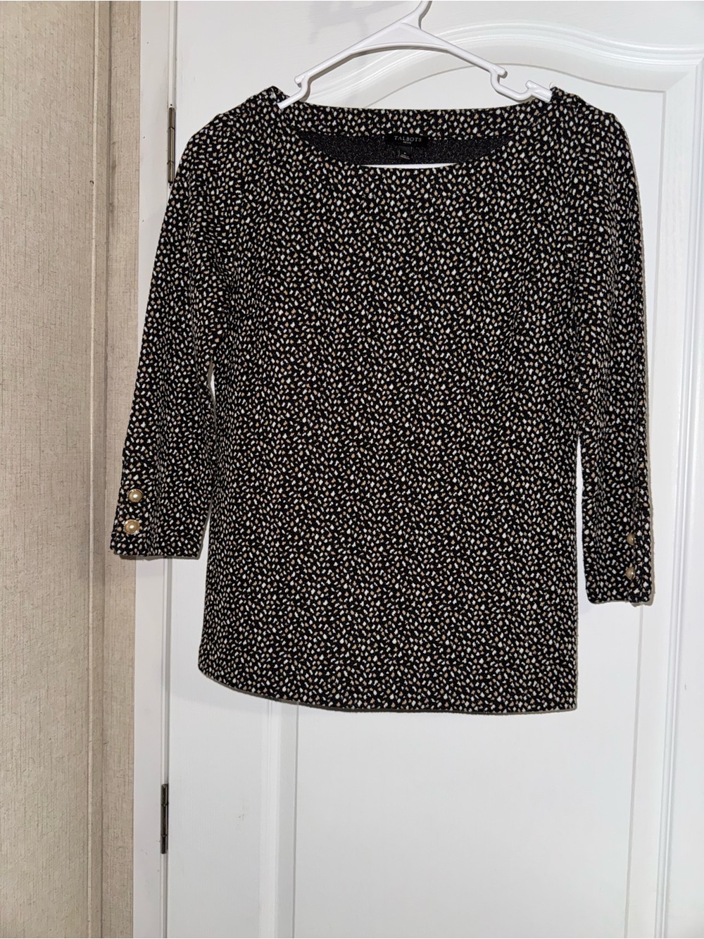 Talbots Black and White Speckled Long Sleeve Top with Gold Buttons